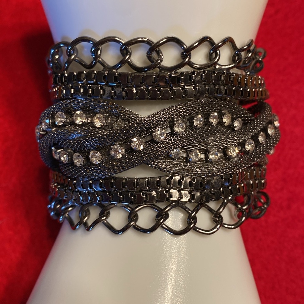 Chunky Silver Tone Crystal Multi-Row Bracelet - Picture 14 of 16
